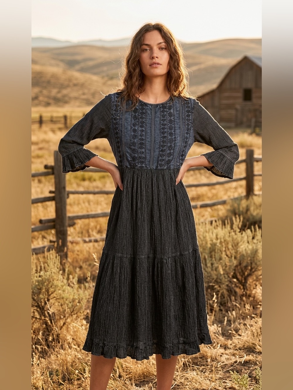“The Maci” Charcoal Denim Embroidered Midi Dress - Picture 2 of 3